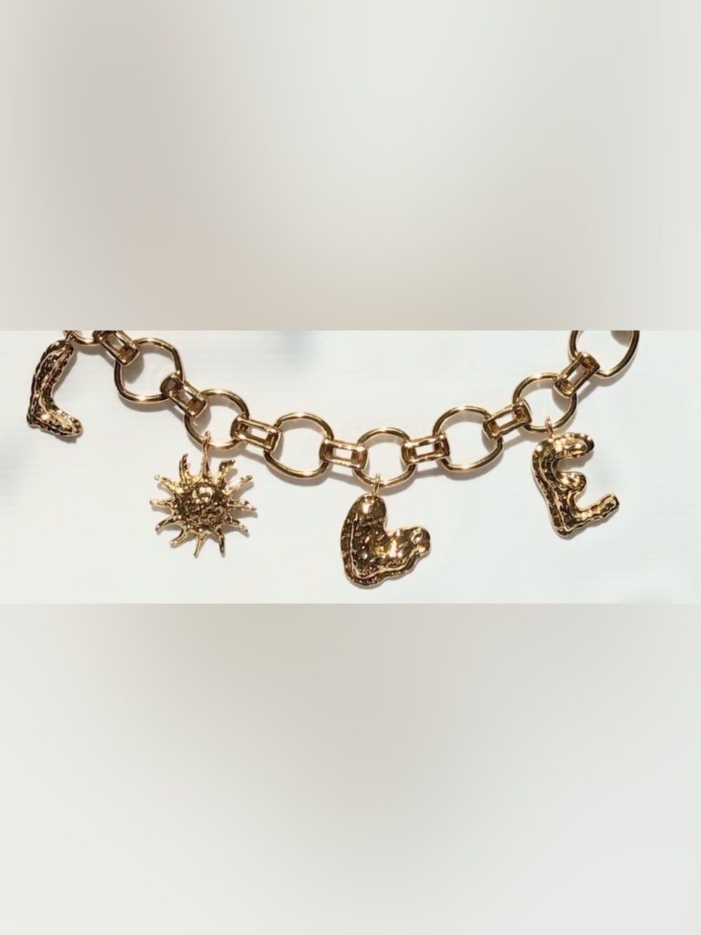 Gold Charm Link Belt with Sun and Heart Pendants